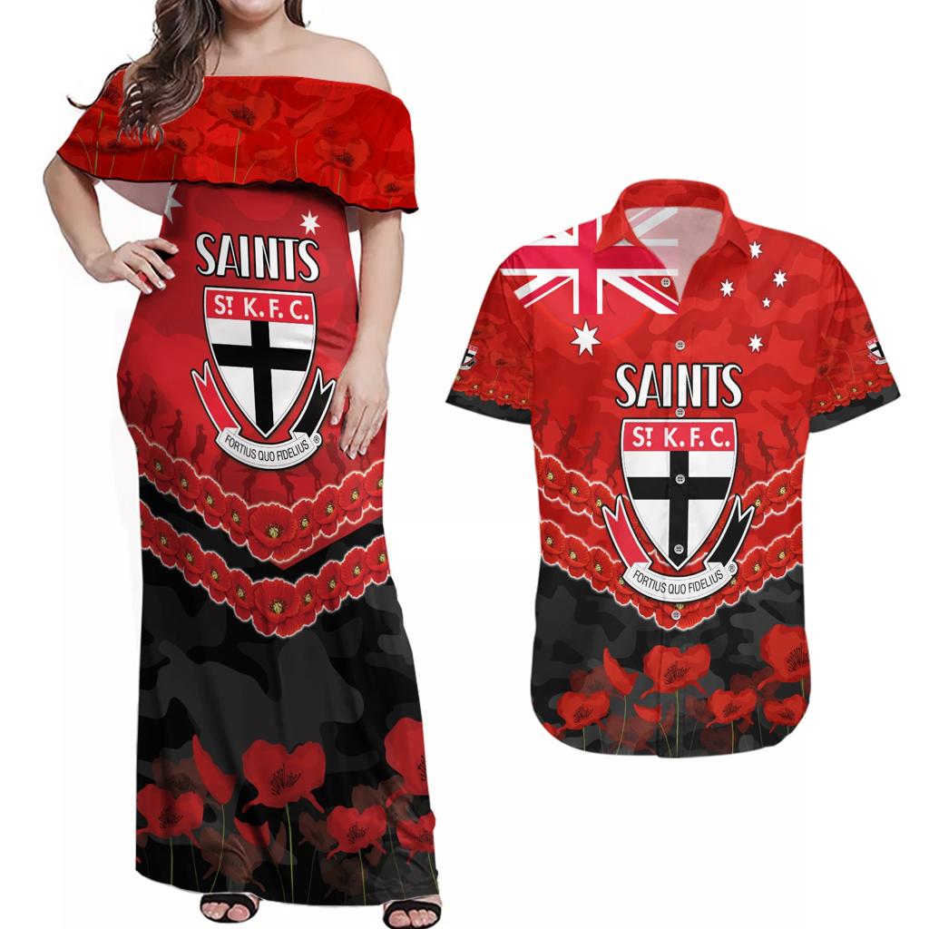 Custom St Kilda Saints Football Couples Matching Off Shoulder Maxi Dress and Hawaiian Shirt ANZAC Lest We Forget