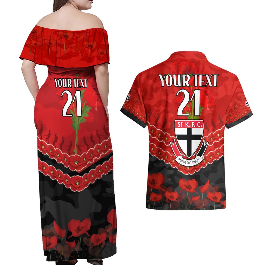 Custom St Kilda Saints Football Couples Matching Off Shoulder Maxi Dress and Hawaiian Shirt ANZAC Lest We Forget