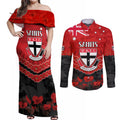 Custom St Kilda Saints Football Couples Matching Off Shoulder Maxi Dress and Long Sleeve Button Shirt ANZAC Lest We Forget