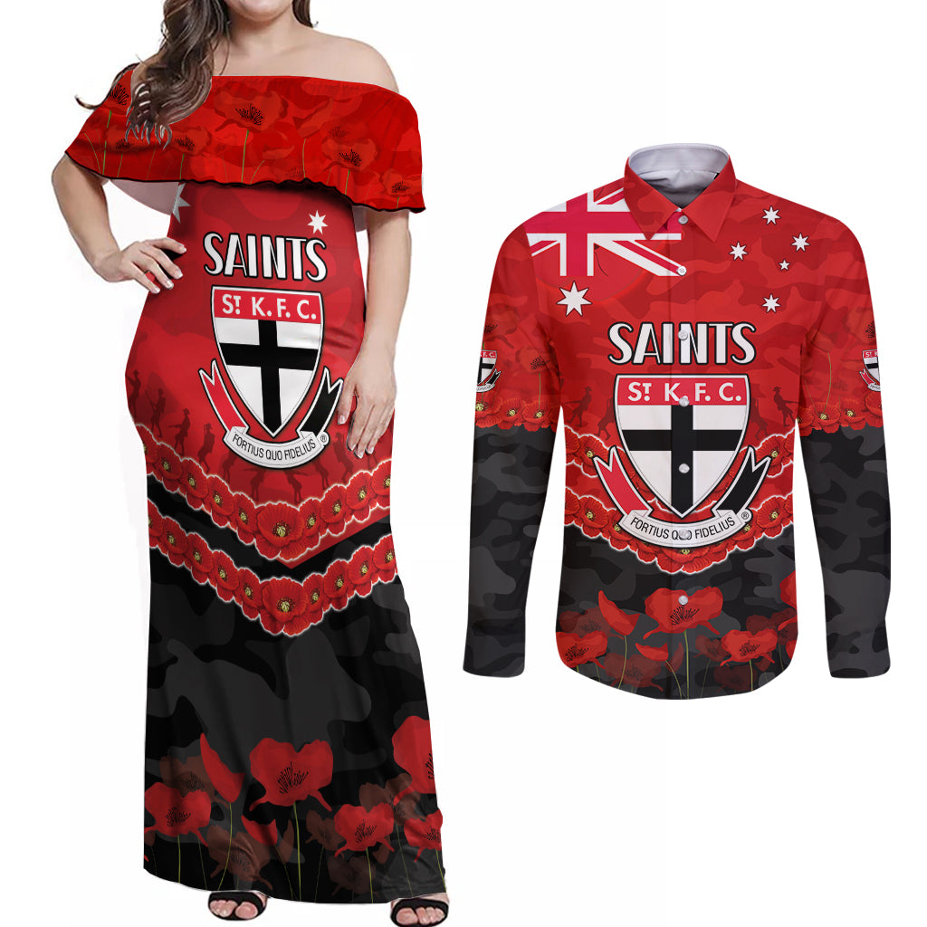 Custom St Kilda Saints Football Couples Matching Off Shoulder Maxi Dress and Long Sleeve Button Shirt ANZAC Lest We Forget