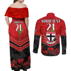 Custom St Kilda Saints Football Couples Matching Off Shoulder Maxi Dress and Long Sleeve Button Shirt ANZAC Lest We Forget