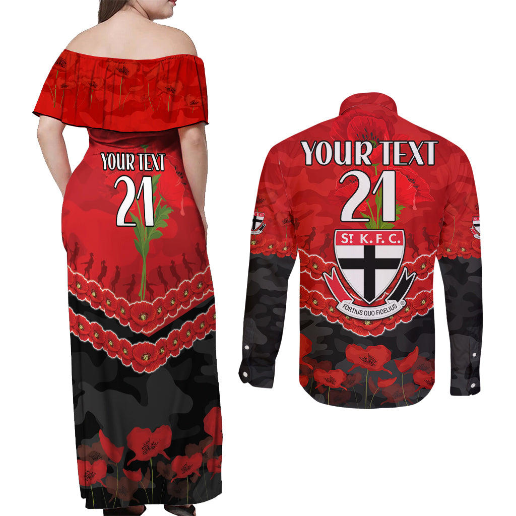 Custom St Kilda Saints Football Couples Matching Off Shoulder Maxi Dress and Long Sleeve Button Shirt ANZAC Lest We Forget