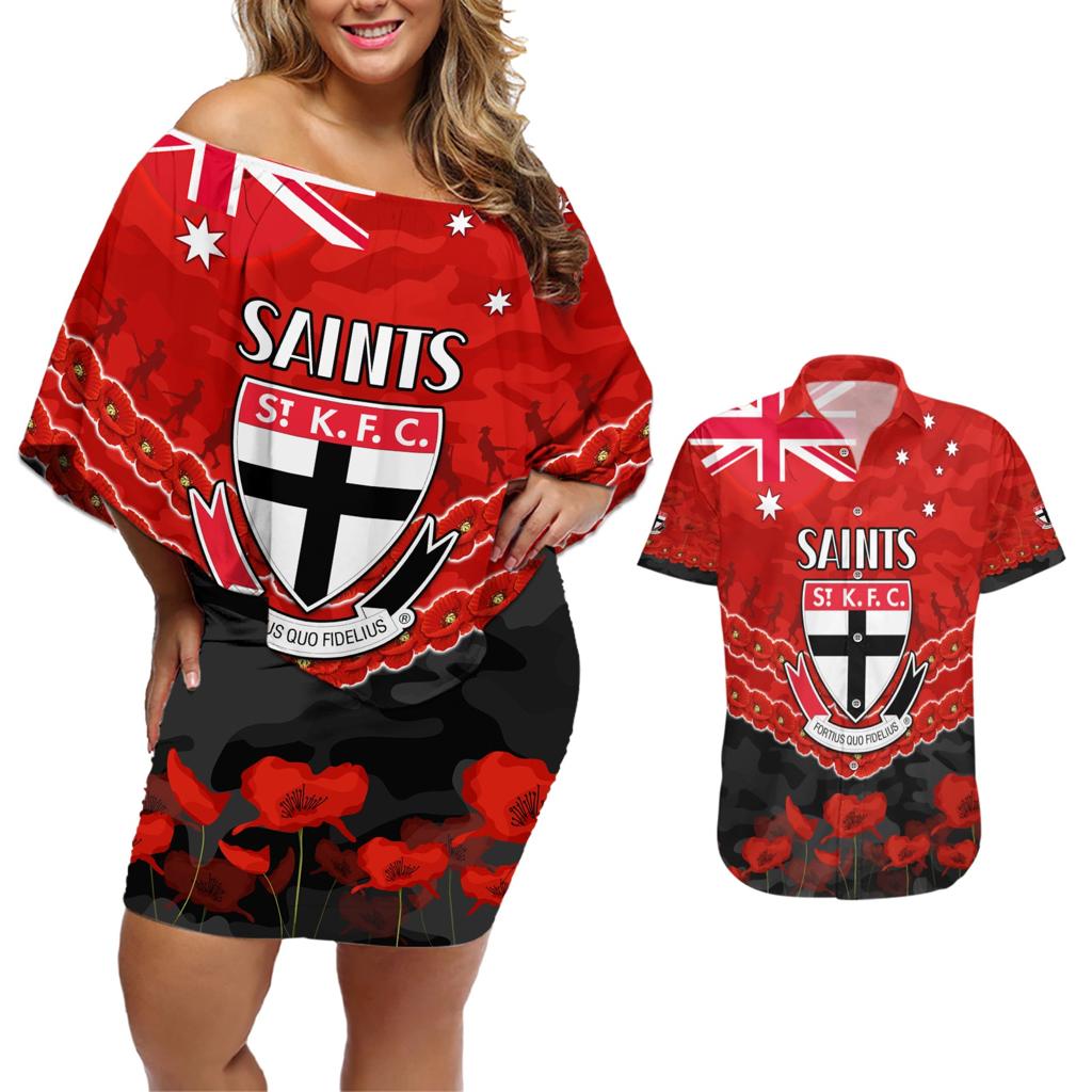Custom St Kilda Saints Football Couples Matching Off Shoulder Short Dress and Hawaiian Shirt ANZAC Lest We Forget