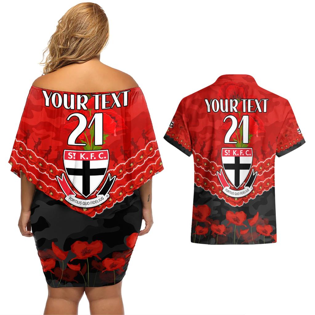 Custom St Kilda Saints Football Couples Matching Off Shoulder Short Dress and Hawaiian Shirt ANZAC Lest We Forget
