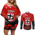 Custom St Kilda Saints Football Couples Matching Off Shoulder Short Dress and Long Sleeve Button Shirt ANZAC Lest We Forget