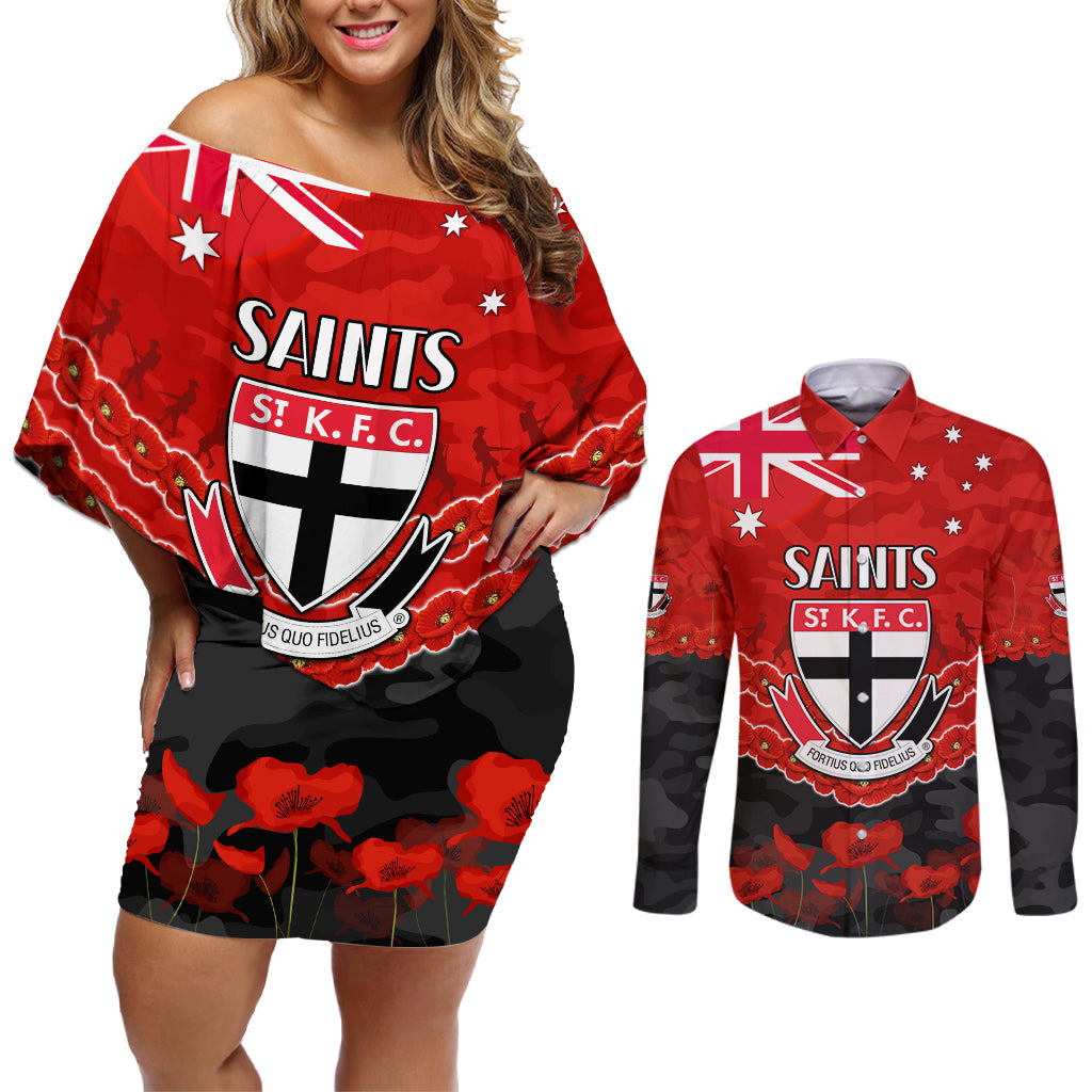Custom St Kilda Saints Football Couples Matching Off Shoulder Short Dress and Long Sleeve Button Shirt ANZAC Lest We Forget