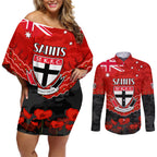 Custom St Kilda Saints Football Couples Matching Off Shoulder Short Dress and Long Sleeve Button Shirt ANZAC Lest We Forget