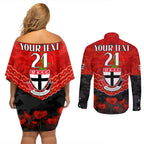 Custom St Kilda Saints Football Couples Matching Off Shoulder Short Dress and Long Sleeve Button Shirt ANZAC Lest We Forget