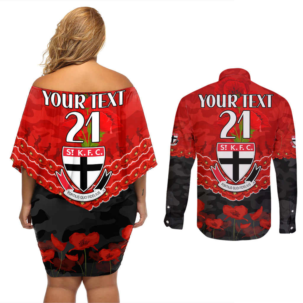 Custom St Kilda Saints Football Couples Matching Off Shoulder Short Dress and Long Sleeve Button Shirt ANZAC Lest We Forget