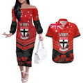 Custom St Kilda Saints Football Couples Matching Off The Shoulder Long Sleeve Dress and Hawaiian Shirt ANZAC Lest We Forget
