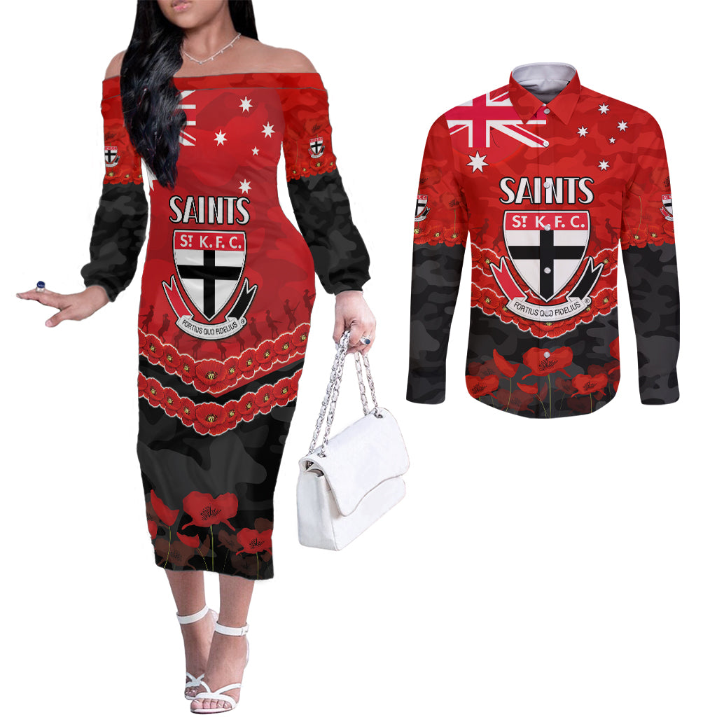 Custom St Kilda Saints Football Couples Matching Off The Shoulder Long Sleeve Dress and Long Sleeve Button Shirt ANZAC Lest We Forget