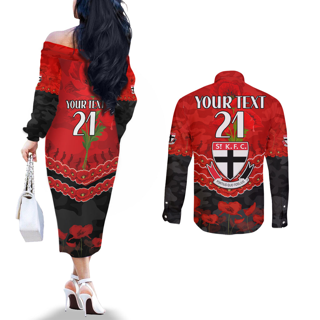 Custom St Kilda Saints Football Couples Matching Off The Shoulder Long Sleeve Dress and Long Sleeve Button Shirt ANZAC Lest We Forget