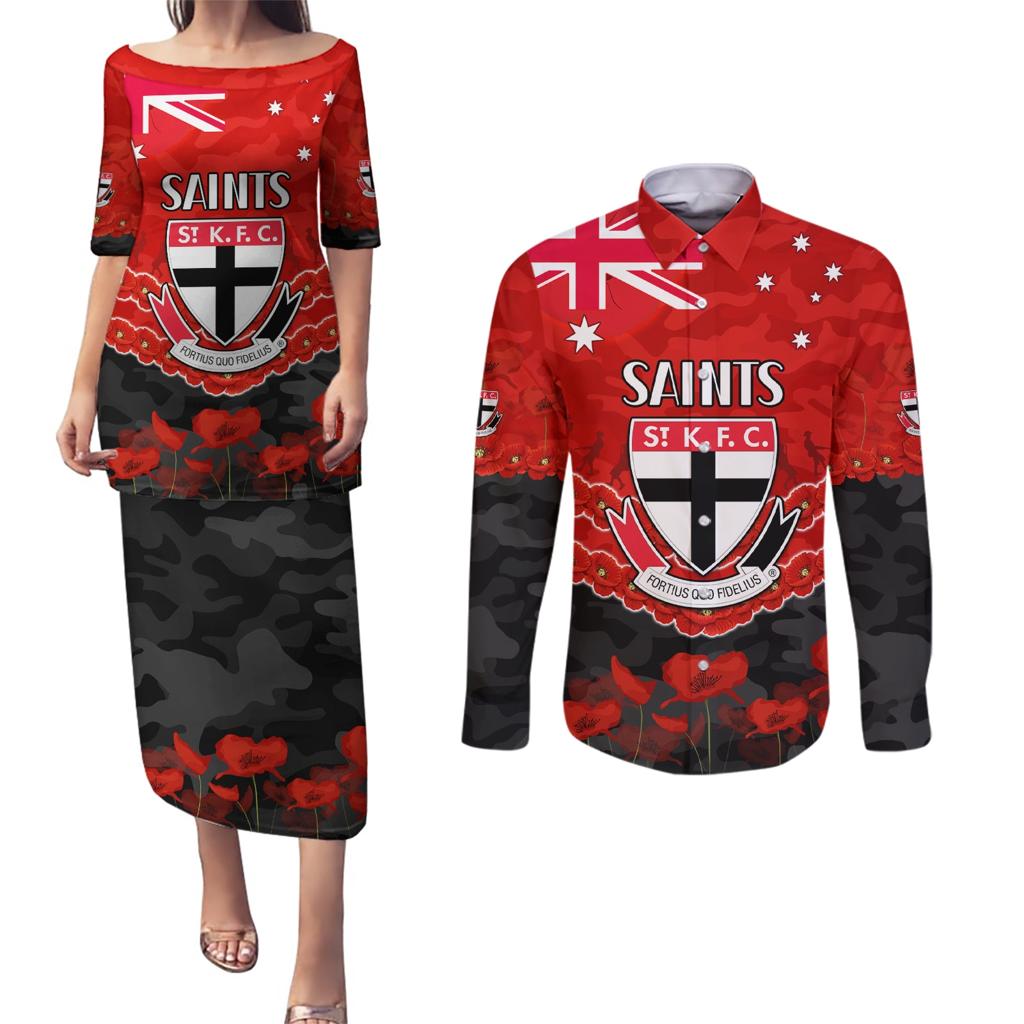 Custom St Kilda Saints Football Couples Matching Puletasi and Long Sleeve Button Shirt ANZAC Lest We Forget