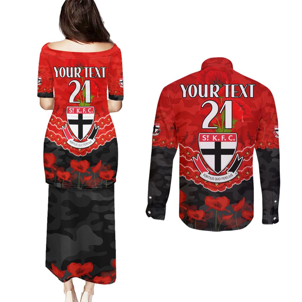 Custom St Kilda Saints Football Couples Matching Puletasi and Long Sleeve Button Shirt ANZAC Lest We Forget
