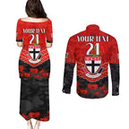 Custom St Kilda Saints Football Couples Matching Puletasi and Long Sleeve Button Shirt ANZAC Lest We Forget