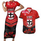 Custom St Kilda Saints Football Couples Matching Short Sleeve Bodycon Dress and Hawaiian Shirt ANZAC Lest We Forget