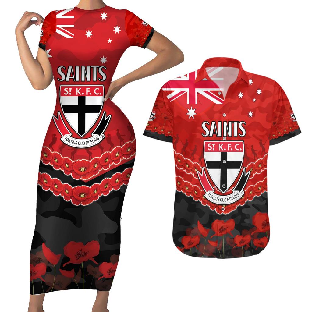 Custom St Kilda Saints Football Couples Matching Short Sleeve Bodycon Dress and Hawaiian Shirt ANZAC Lest We Forget