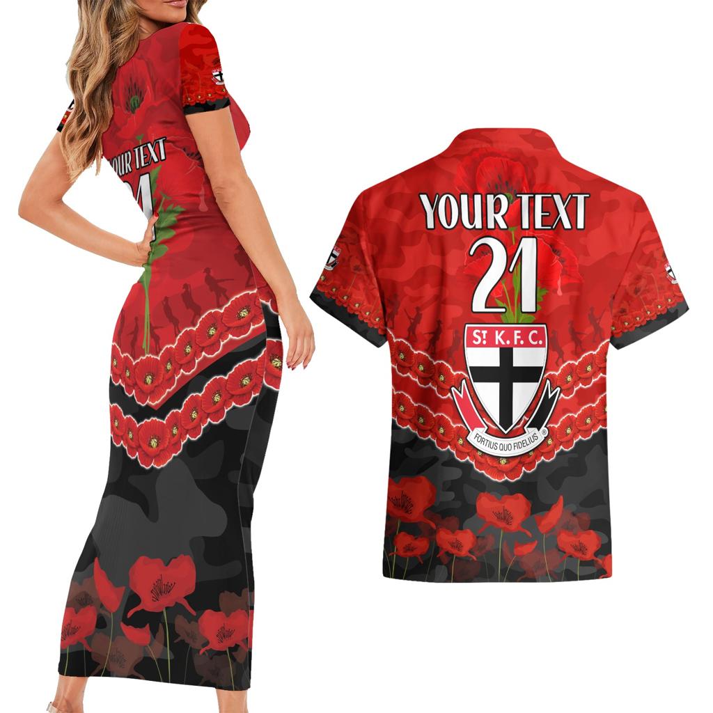 Custom St Kilda Saints Football Couples Matching Short Sleeve Bodycon Dress and Hawaiian Shirt ANZAC Lest We Forget