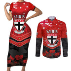 Custom St Kilda Saints Football Couples Matching Short Sleeve Bodycon Dress and Long Sleeve Button Shirt ANZAC Lest We Forget
