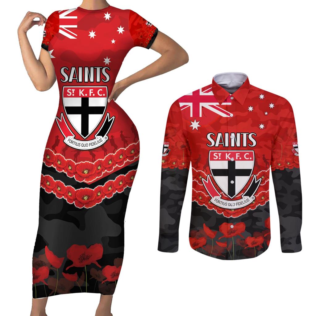 Custom St Kilda Saints Football Couples Matching Short Sleeve Bodycon Dress and Long Sleeve Button Shirt ANZAC Lest We Forget