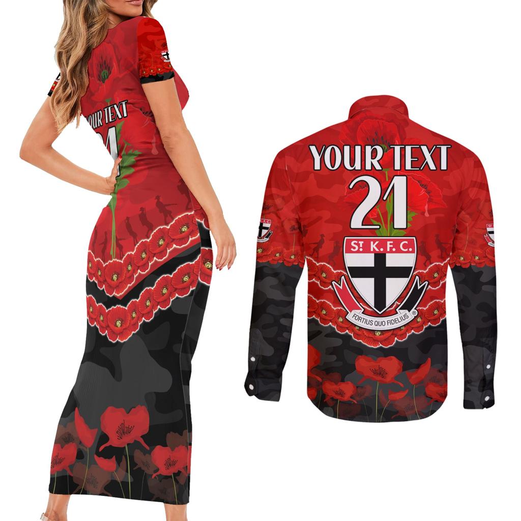 Custom St Kilda Saints Football Couples Matching Short Sleeve Bodycon Dress and Long Sleeve Button Shirt ANZAC Lest We Forget