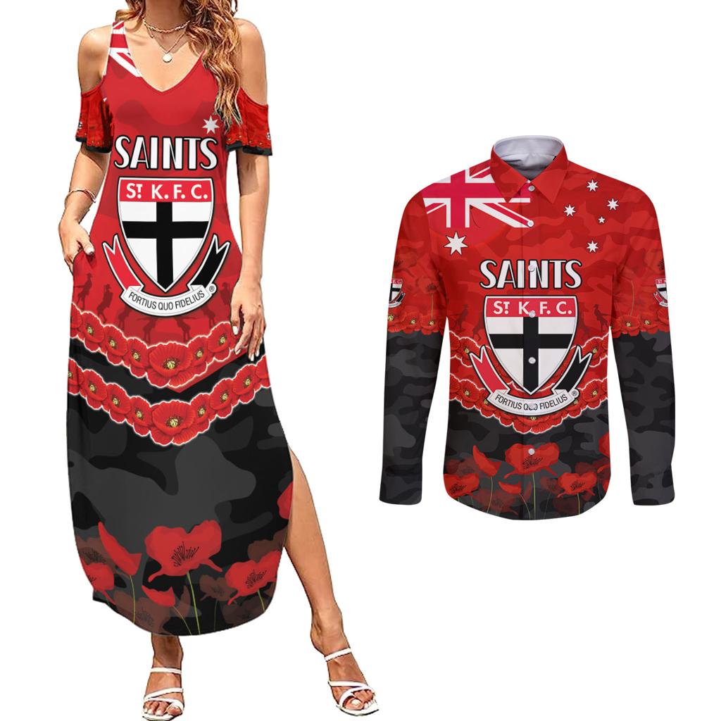 Custom St Kilda Saints Football Couples Matching Summer Maxi Dress and Long Sleeve Button Shirt ANZAC Lest We Forget