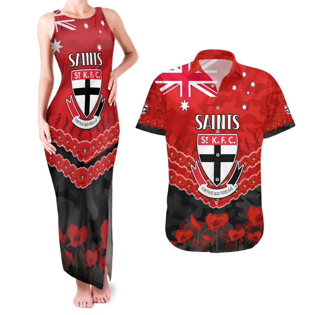 Custom St Kilda Saints Football Couples Matching Tank Maxi Dress and Hawaiian Shirt ANZAC Lest We Forget