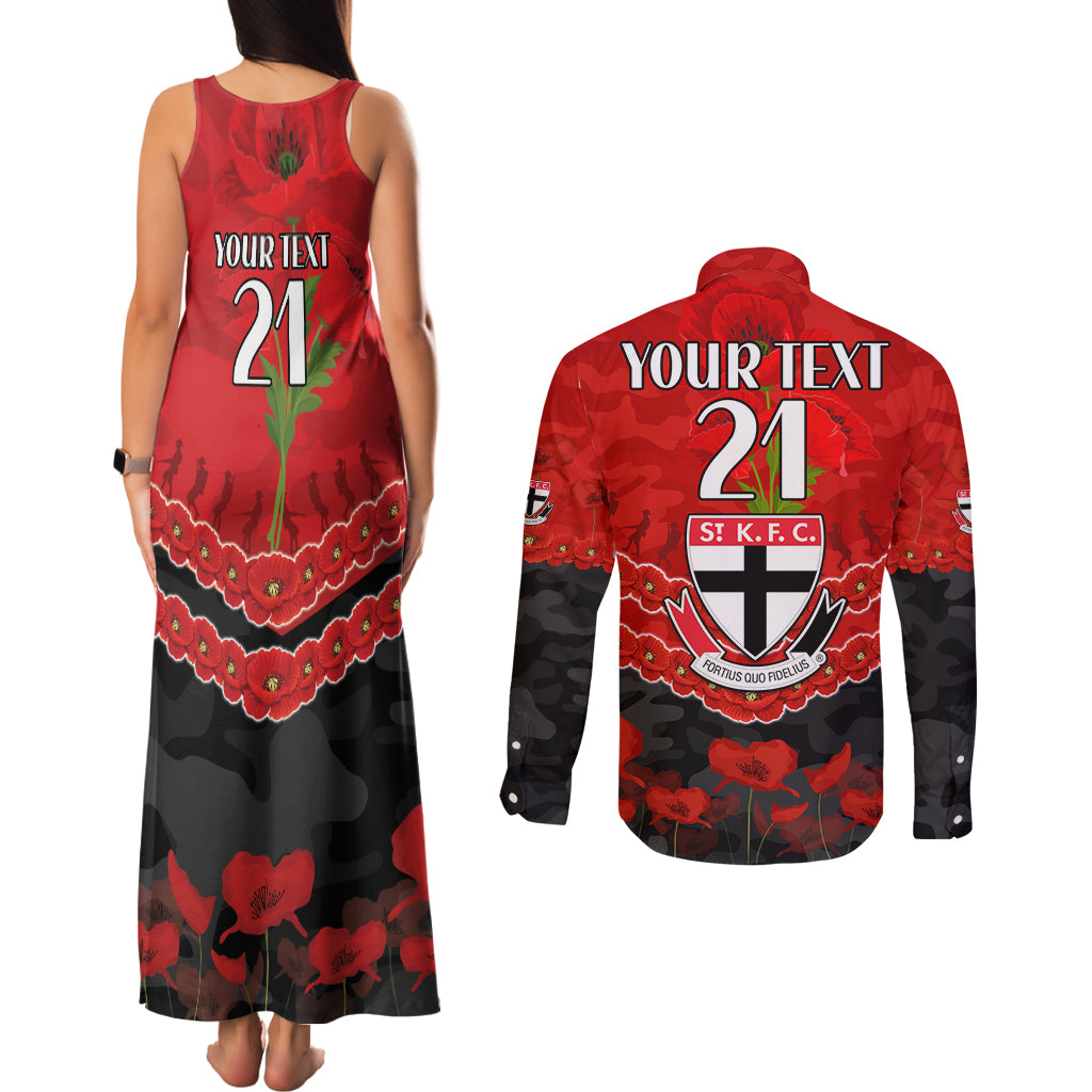 Custom St Kilda Saints Football Couples Matching Tank Maxi Dress and Long Sleeve Button Shirt ANZAC Lest We Forget