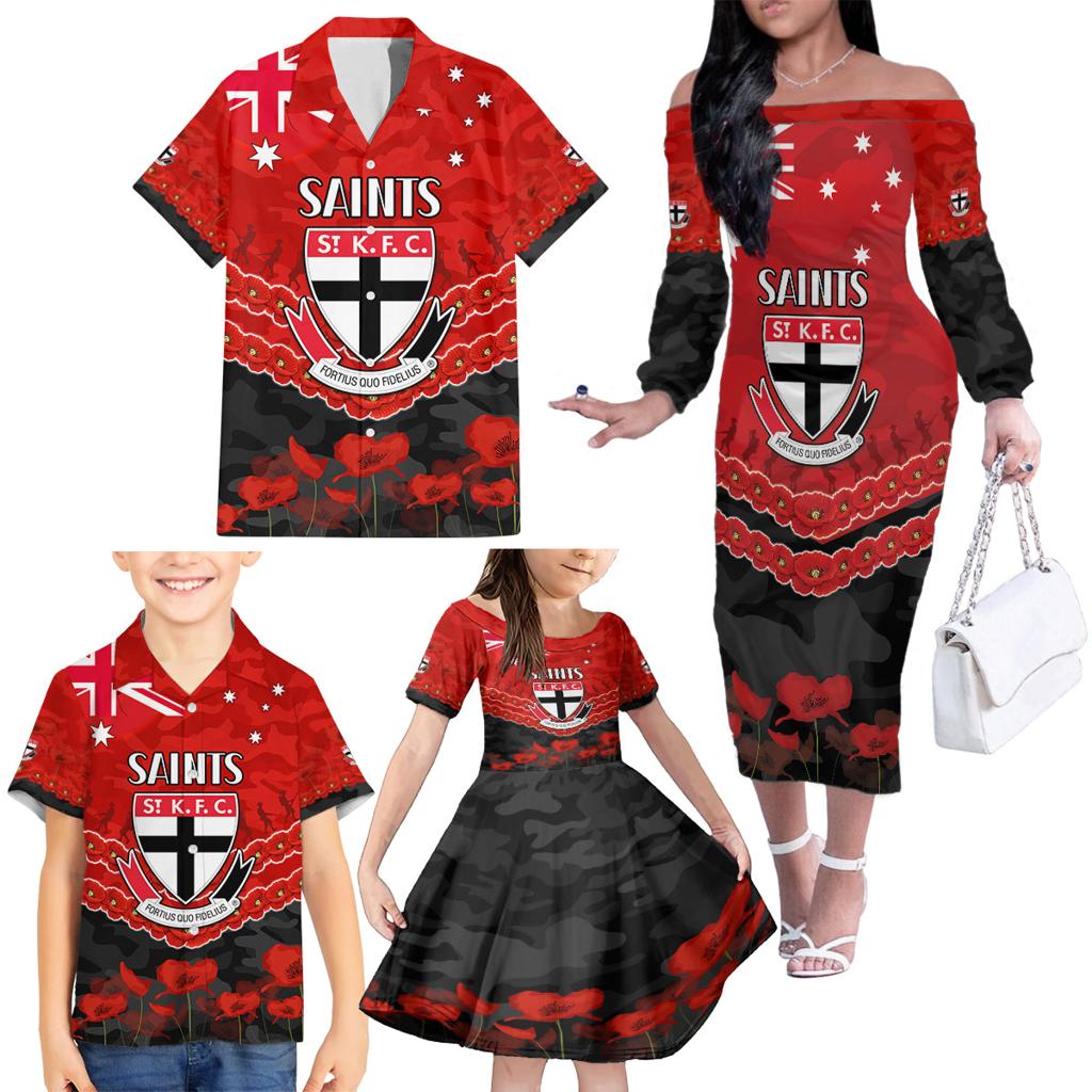 Custom St Kilda Saints Football Family Matching Off The Shoulder Long Sleeve Dress and Hawaiian Shirt ANZAC Lest We Forget