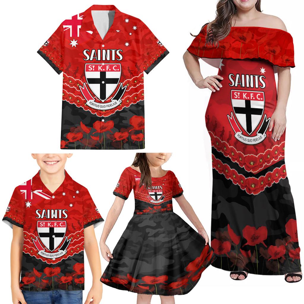 Custom St Kilda Saints Football Family Matching Off Shoulder Maxi Dress and Hawaiian Shirt ANZAC Lest We Forget