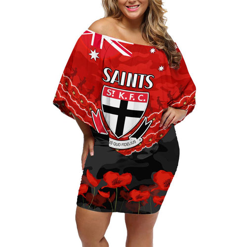 Custom St Kilda Saints Football Family Matching Off Shoulder Short Dress and Hawaiian Shirt ANZAC Lest We Forget