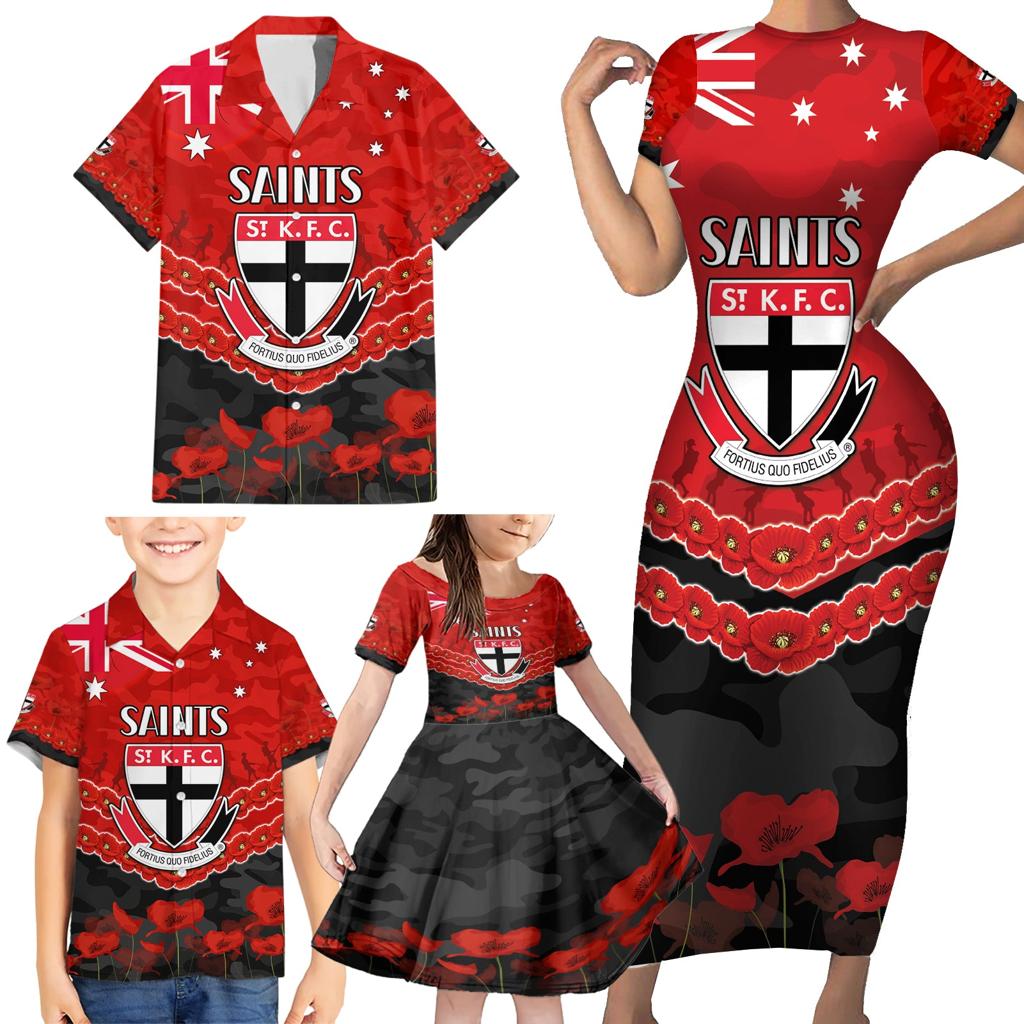 Custom St Kilda Saints Football Family Matching Short Sleeve Bodycon Dress and Hawaiian Shirt ANZAC Lest We Forget