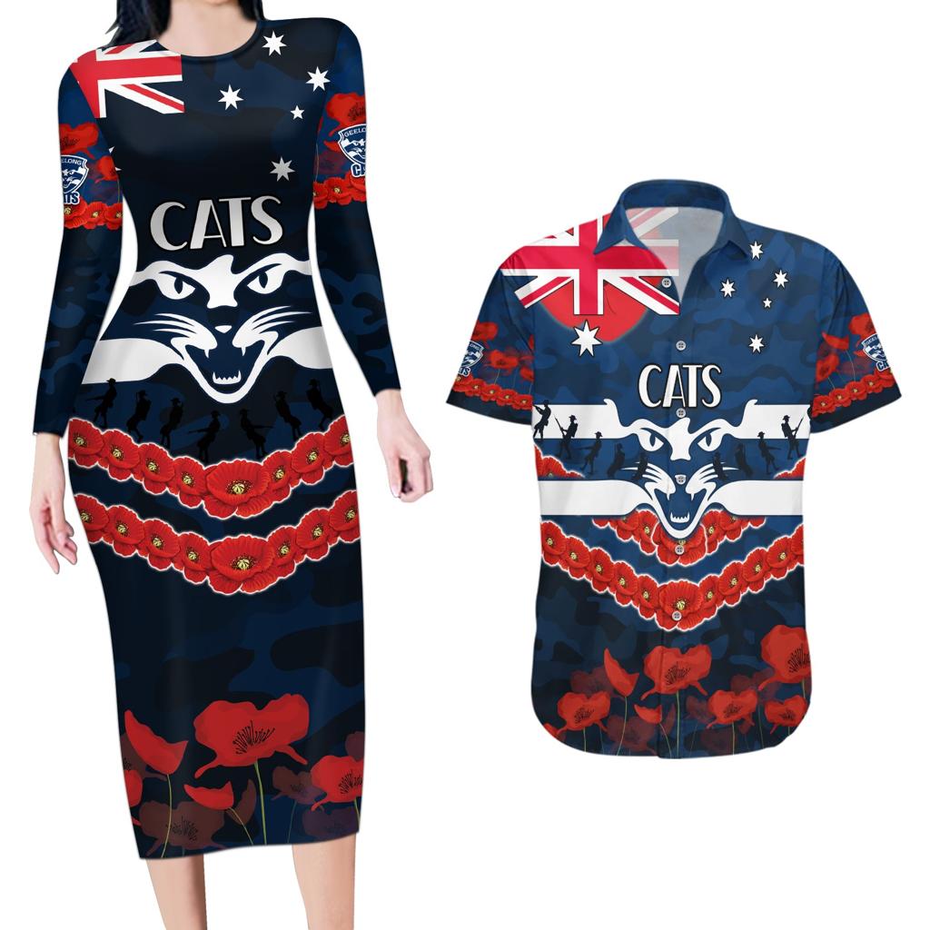 Custom Cats Football Couples Matching Long Sleeve Bodycon Dress and Hawaiian Shirt ANZAC Lest We Forget