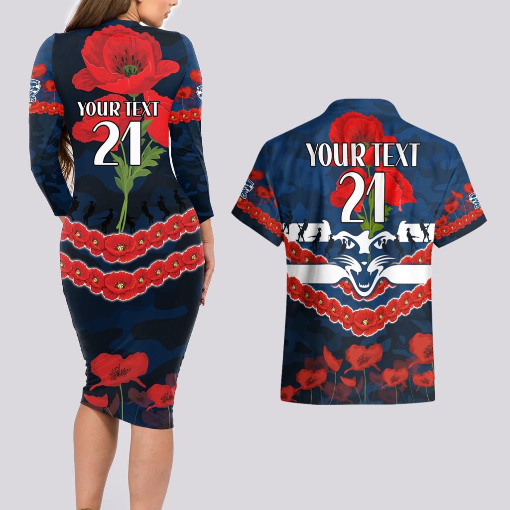 Custom Cats Football Couples Matching Long Sleeve Bodycon Dress and Hawaiian Shirt ANZAC Lest We Forget
