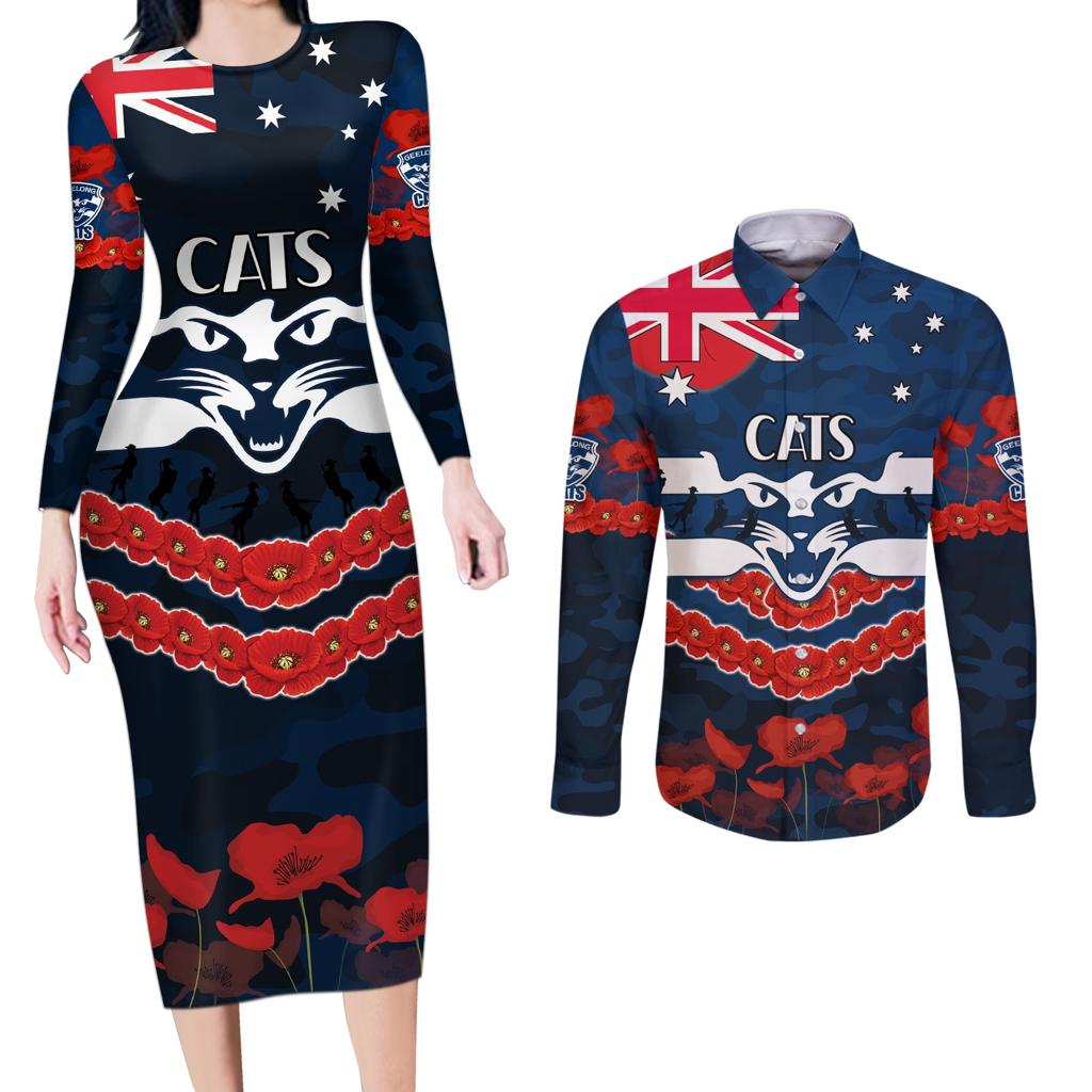 Custom Cats Football Couples Matching Long Sleeve Bodycon Dress and Long Sleeve Button Shirt ANZAC Lest We Forget