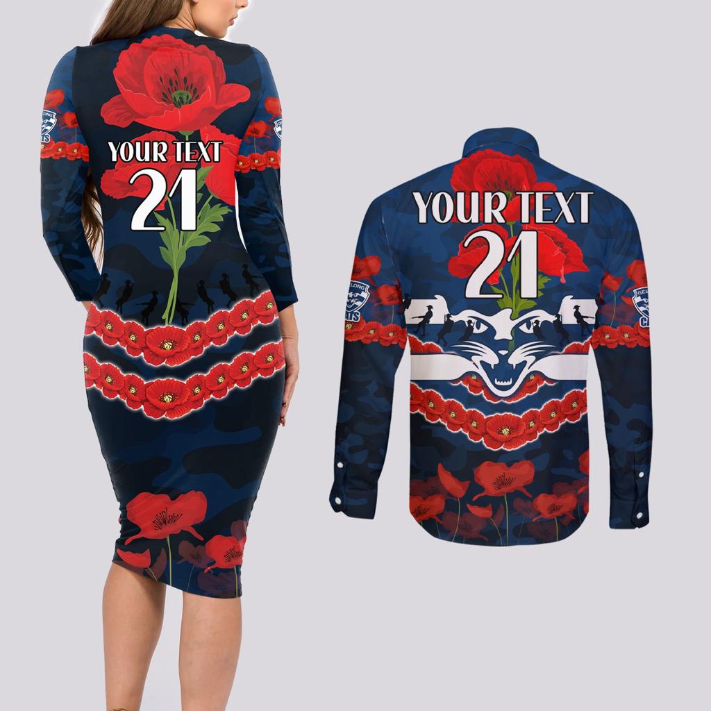 Custom Cats Football Couples Matching Long Sleeve Bodycon Dress and Long Sleeve Button Shirt ANZAC Lest We Forget