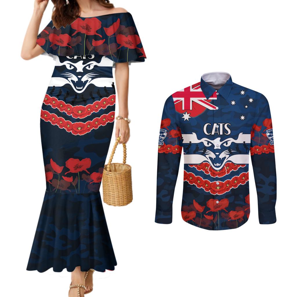 Custom Cats Football Couples Matching Mermaid Dress and Long Sleeve Button Shirt ANZAC Lest We Forget
