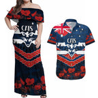 Custom Cats Football Couples Matching Off Shoulder Maxi Dress and Hawaiian Shirt ANZAC Lest We Forget