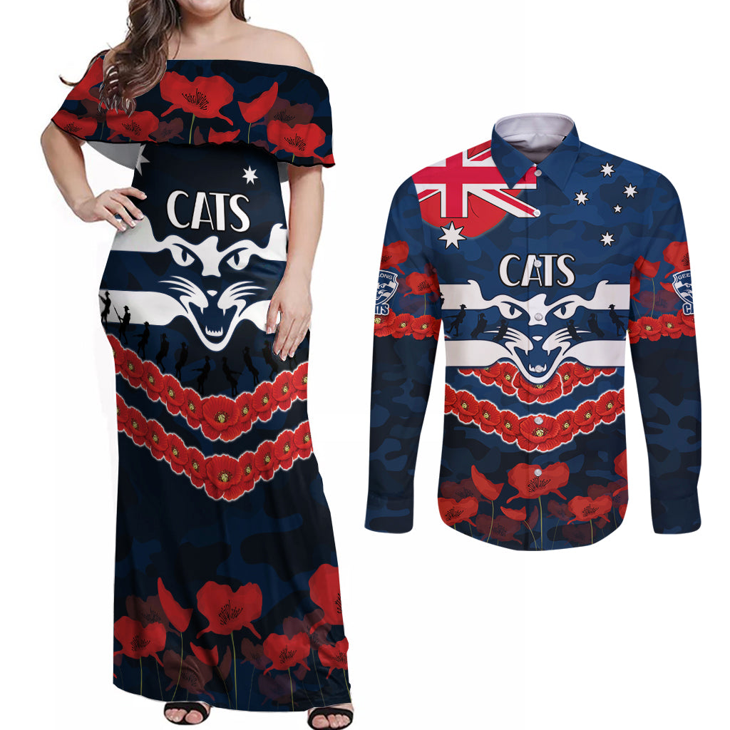 Custom Cats Football Couples Matching Off Shoulder Maxi Dress and Long Sleeve Button Shirt ANZAC Lest We Forget