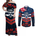 Custom Cats Football Couples Matching Off Shoulder Maxi Dress and Long Sleeve Button Shirt ANZAC Lest We Forget