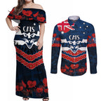Custom Cats Football Couples Matching Off Shoulder Maxi Dress and Long Sleeve Button Shirt ANZAC Lest We Forget