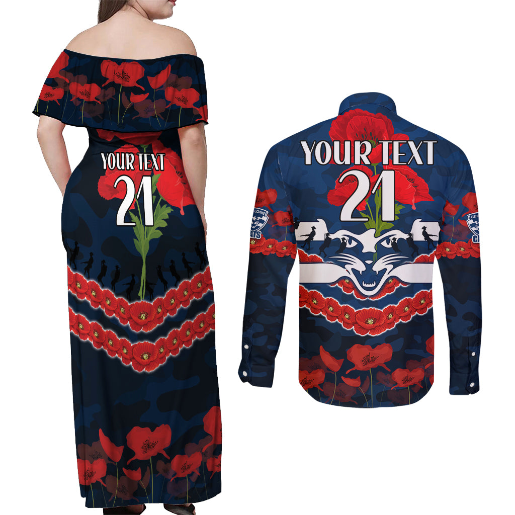 Custom Cats Football Couples Matching Off Shoulder Maxi Dress and Long Sleeve Button Shirt ANZAC Lest We Forget