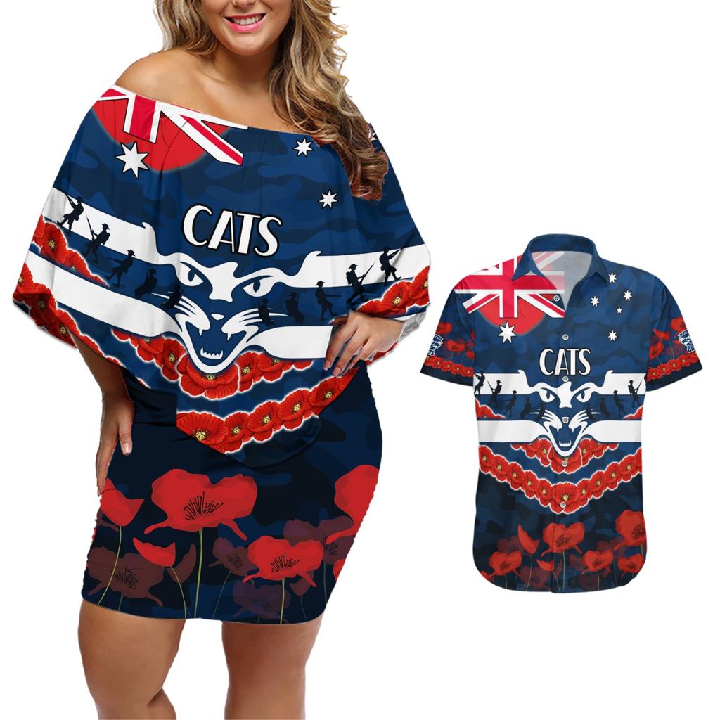 Custom Cats Football Couples Matching Off Shoulder Short Dress and Hawaiian Shirt ANZAC Lest We Forget