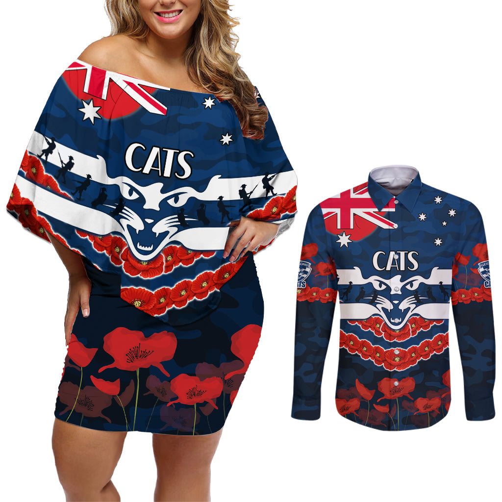 Custom Cats Football Couples Matching Off Shoulder Short Dress and Long Sleeve Button Shirt ANZAC Lest We Forget