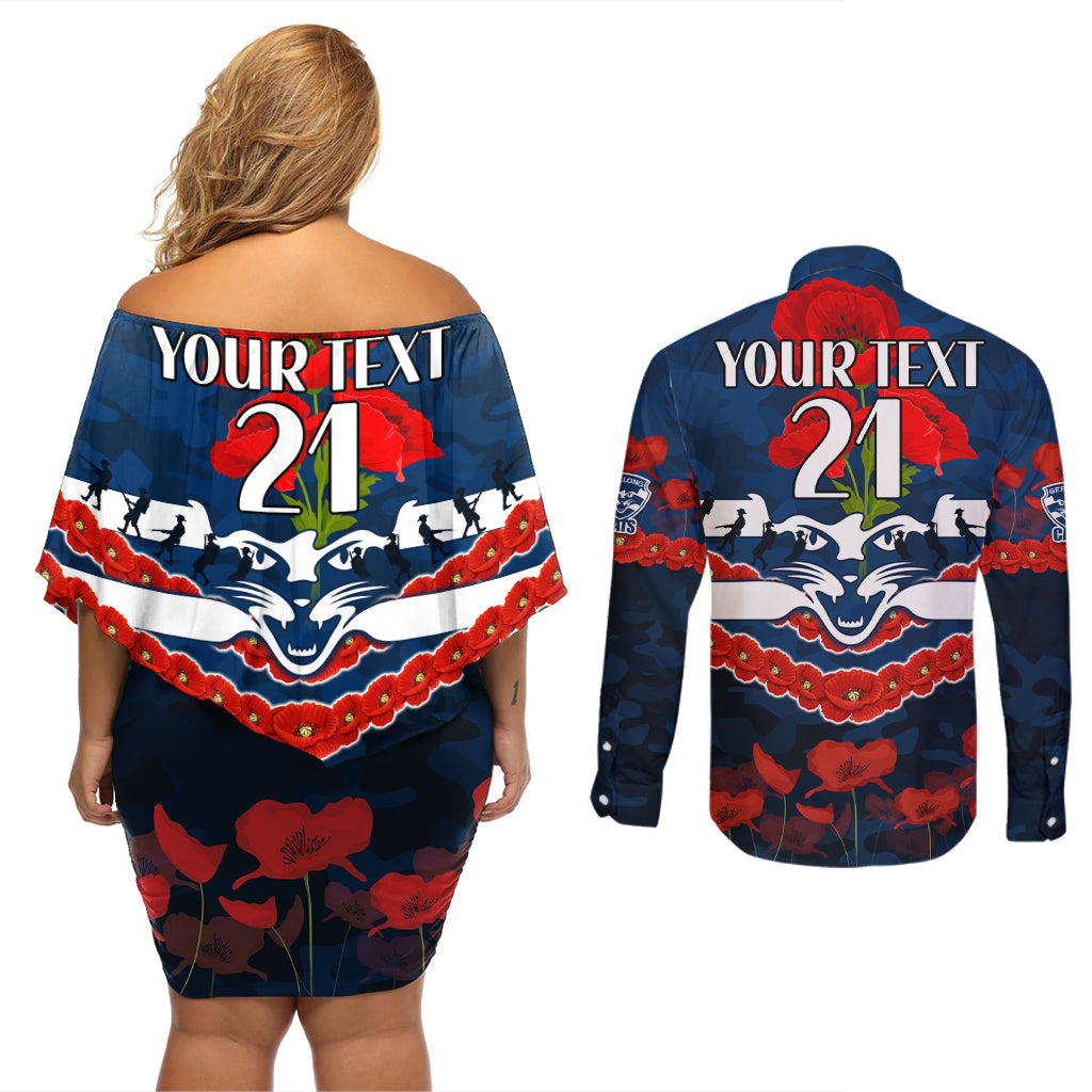 Custom Cats Football Couples Matching Off Shoulder Short Dress and Long Sleeve Button Shirt ANZAC Lest We Forget