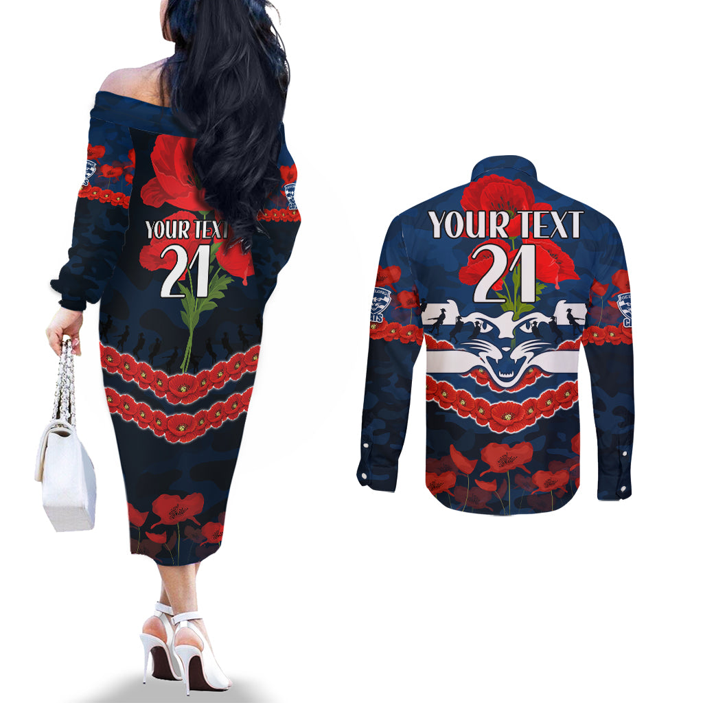 Custom Cats Football Couples Matching Off The Shoulder Long Sleeve Dress and Long Sleeve Button Shirt ANZAC Lest We Forget