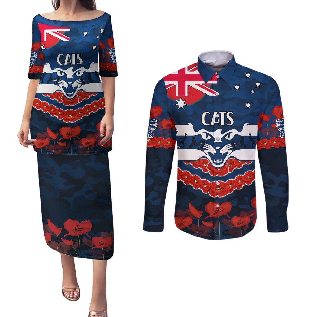 Custom Cats Football Couples Matching Puletasi and Long Sleeve Button Shirt ANZAC Lest We Forget