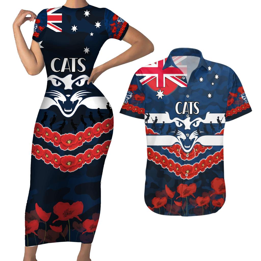 Custom Cats Football Couples Matching Short Sleeve Bodycon Dress and Hawaiian Shirt ANZAC Lest We Forget