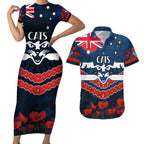 Custom Cats Football Couples Matching Short Sleeve Bodycon Dress and Hawaiian Shirt ANZAC Lest We Forget