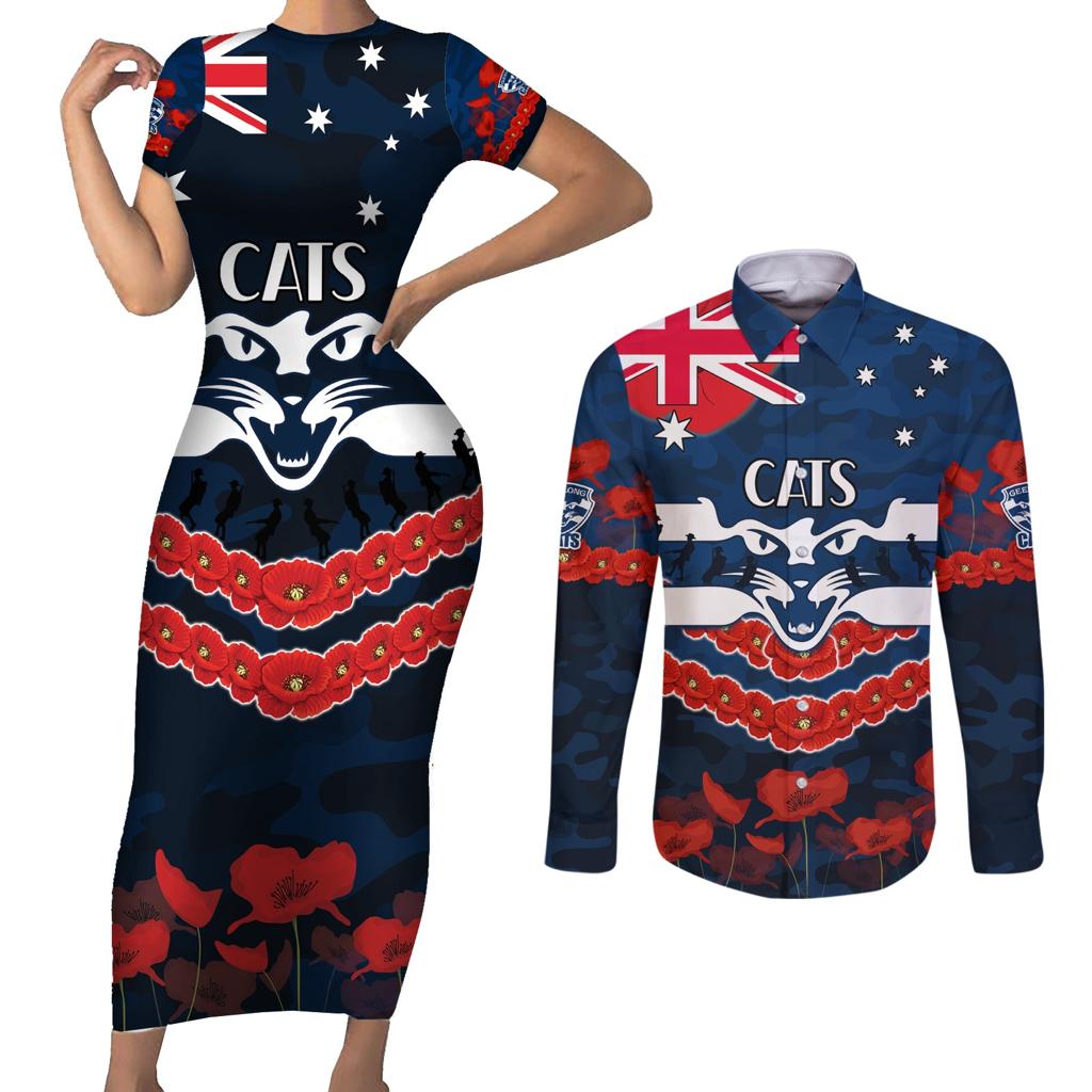 Custom Cats Football Couples Matching Short Sleeve Bodycon Dress and Long Sleeve Button Shirt ANZAC Lest We Forget